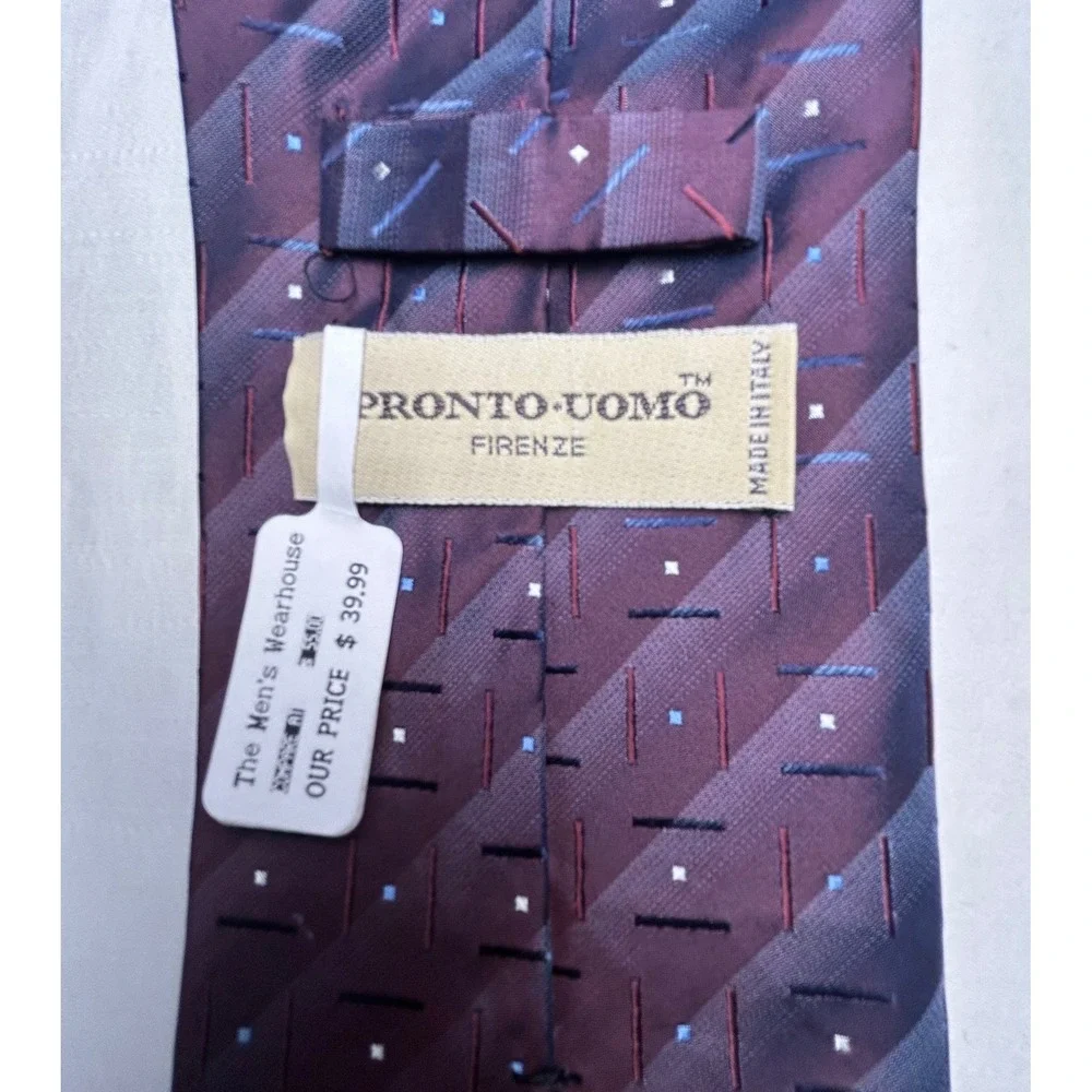 Pronto Uomo Firenze Tie 100% Silk Made Italy Burgundy Blue Geometric NWT